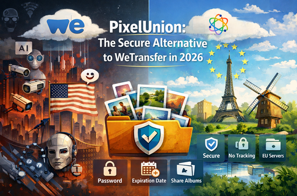 Split illustration comparing WeTransfer and PixelUnion. The left side shows a dark, urban scene with surveillance cameras, AI, the American flag, and symbols of tracking and insecurity. The right side depicts a bright, European landscape with the Eiffel Tower, a windmill, cloud storage with the PixelUnion logo, and icons representing security, no tracking, EU servers, password protection, expiration dates, and album sharing. The center features a folder with photos and a security shield. Title reads: "PixelUnion: The Secure Alternative to WeTransfer in 2026."