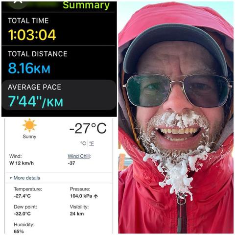 Grid of iOS screenshots and a photo:
1) Apple Fitness Running Details:
Total Time: 1:03:04.
Total Distance: 8.16 KM.
Average Pace: 7'44"/KM.
2) Environment Canada site showing -27°C, -37 windchill, 65% humidity, and 12 KM/H wind.
3) Selfie of a white bearded man with glasses, a black ball cap with Canadian and Ukrainian flags on it, an orange hoodie under a grey hoodie, a red outer coat, and a beard with the exposed parts covered in ice.