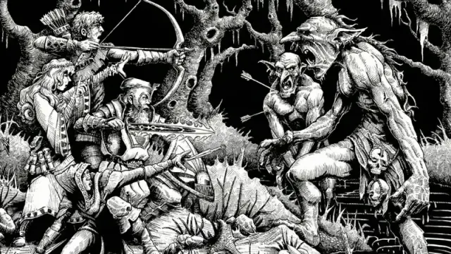 Official black and white art from Shadowdark: The Western Reaches, featuring a group of three adventurers battling two approaching trolls in a swamp.