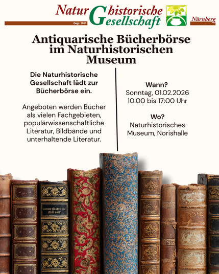 Plakat der Naturhistorischen Gesellschaft Nürnberg mit Ankündigung einer antiquarischen Bücherbörse im Naturhistorischen Museum am 1. Februar 2026 von 10 bis 17 Uhr, darunter ein Stapel alter, unterschiedlich gebundener Bücher.