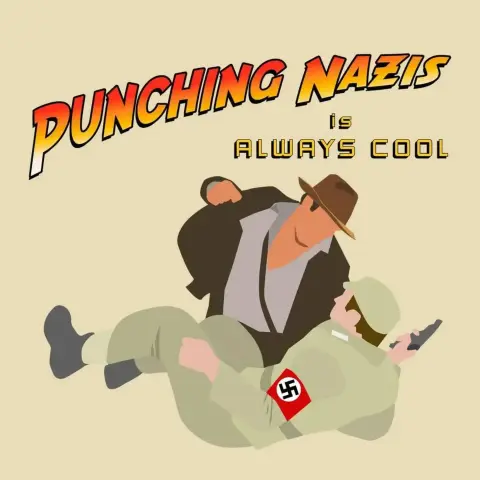 A cartoon image of Indiana Jones punching a Nazi. I can't find the original, so I don't know if it was AI generated.