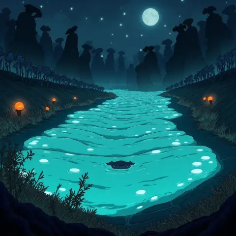 AI-generated image: create SR A bioluminescent tidal terrace of translucent glassleaf membranes glowing like oil slicks,