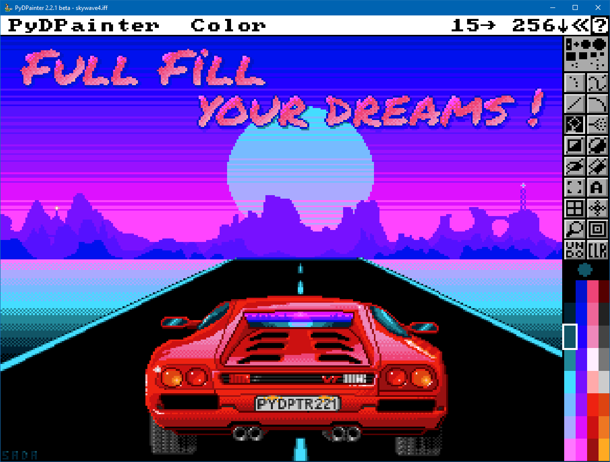 Red car driving on a straight road into a synthwave sunset