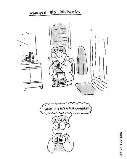 Two-panel comic. The title reads "Making big decisions". The top panel shows a woman sitting on the toilet looking at her phone. The bottom panel shows a close-up of her  thinking "What if I buy a TLR camera?".