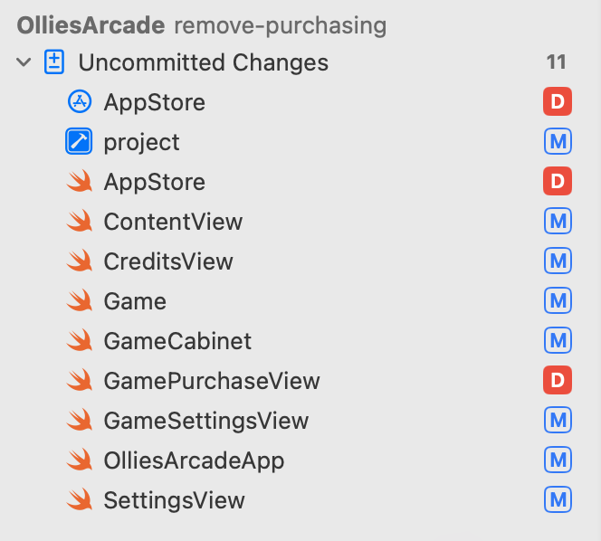 Xcode screenshots snippet showing 11 uncommitted changes to files in Ollie's Arcade with a branch name of "remove-purchasing". 3 files are marked for deletion, the remaining 8 show a modified icon.