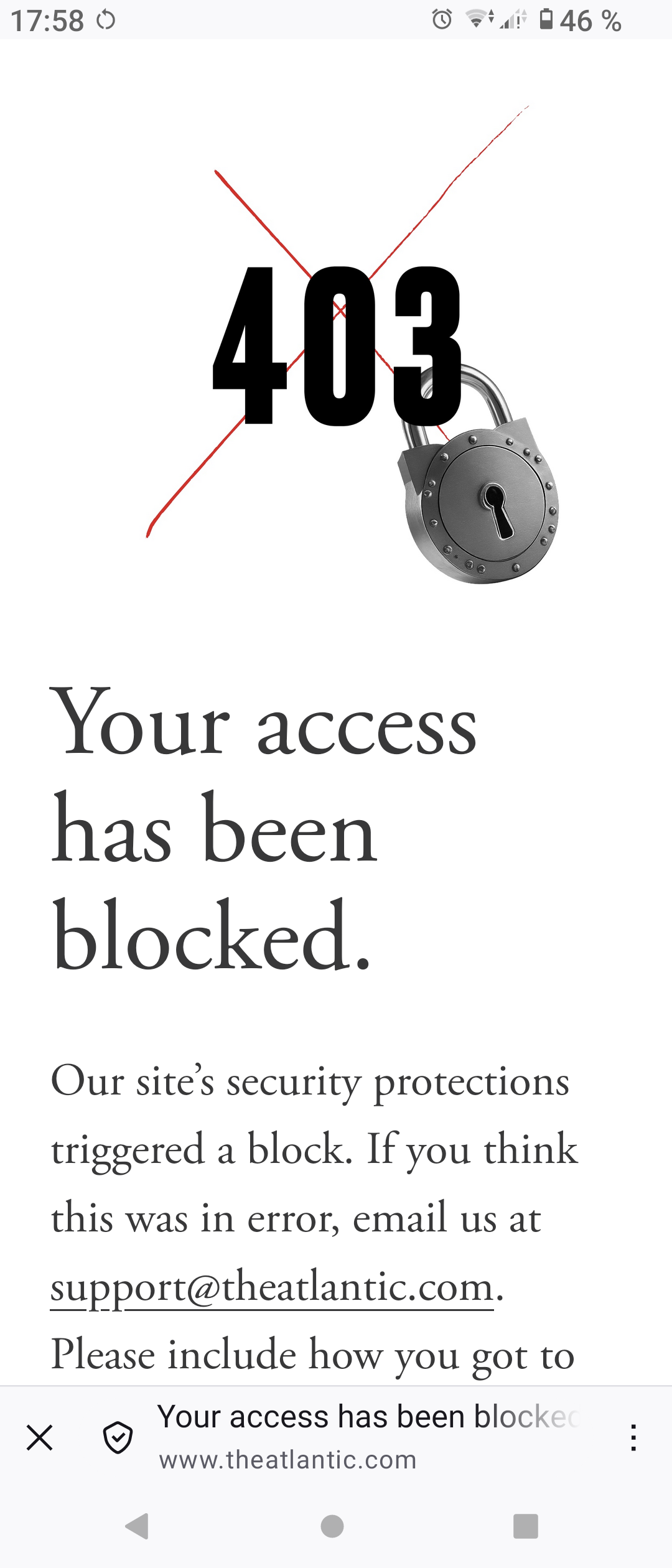 Screenshot of the page linked in the parent toot. It says "your access has been blocked".