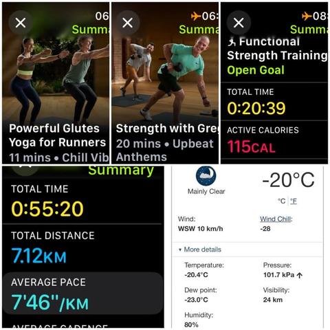 Grid of iOS screenshots:
1) Apple Fitness Powerful Glutes Yoga for Runners, 11 mins.
2) Apple Fitness Strength with Gregg, 20 mins.
3) Apple Fitness Functional Strength training, total time: 0:20:39, 115 Active calories.
4) Apple Fitness Running Details:
Total Time: 0:55:20.
Total Distance: 7.12 KM.
Average Pace: 7'46"/KM.
5) Environment Canada site showing -20°C, -28 windchill, 80% humidity, and 10 KM/H wind.