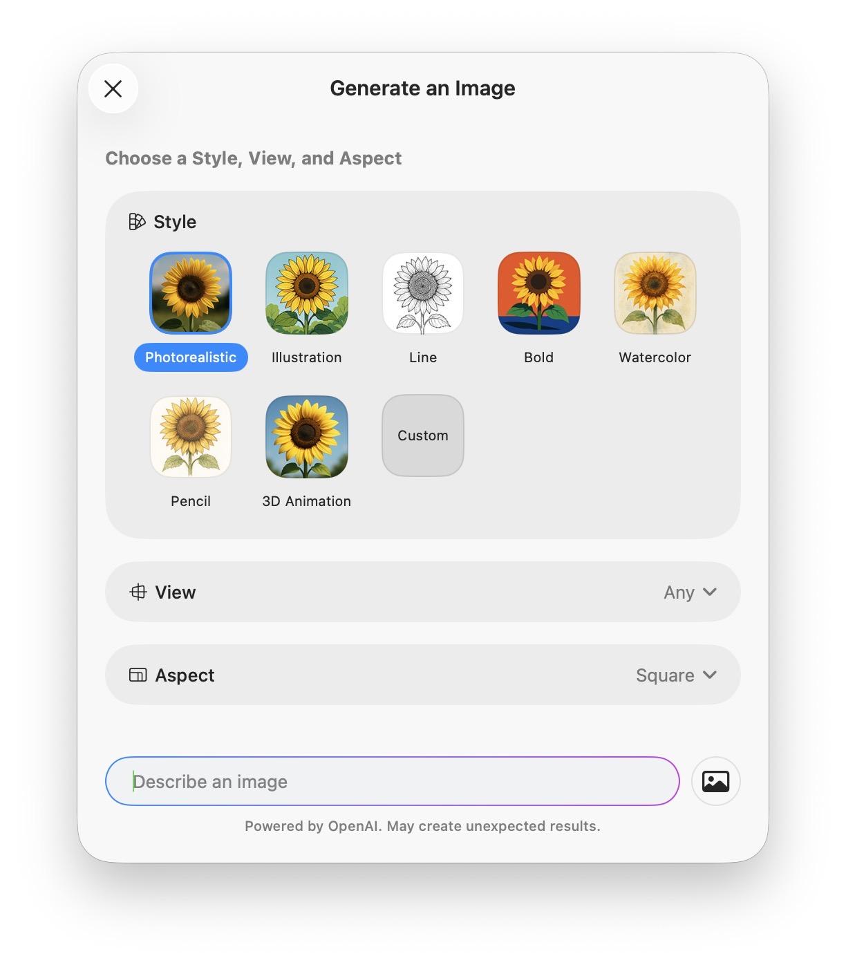 AI image generator with pre-set styles and other options