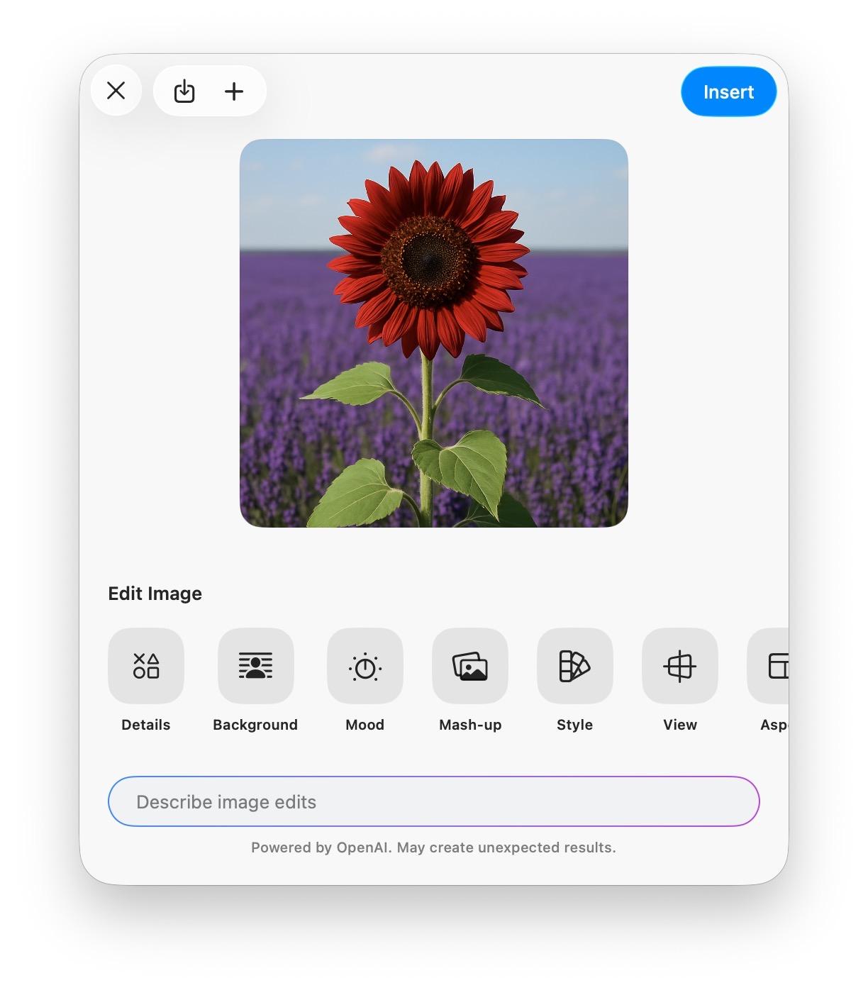 A generated image of a red sunflower in a purple field, with options to refine it
