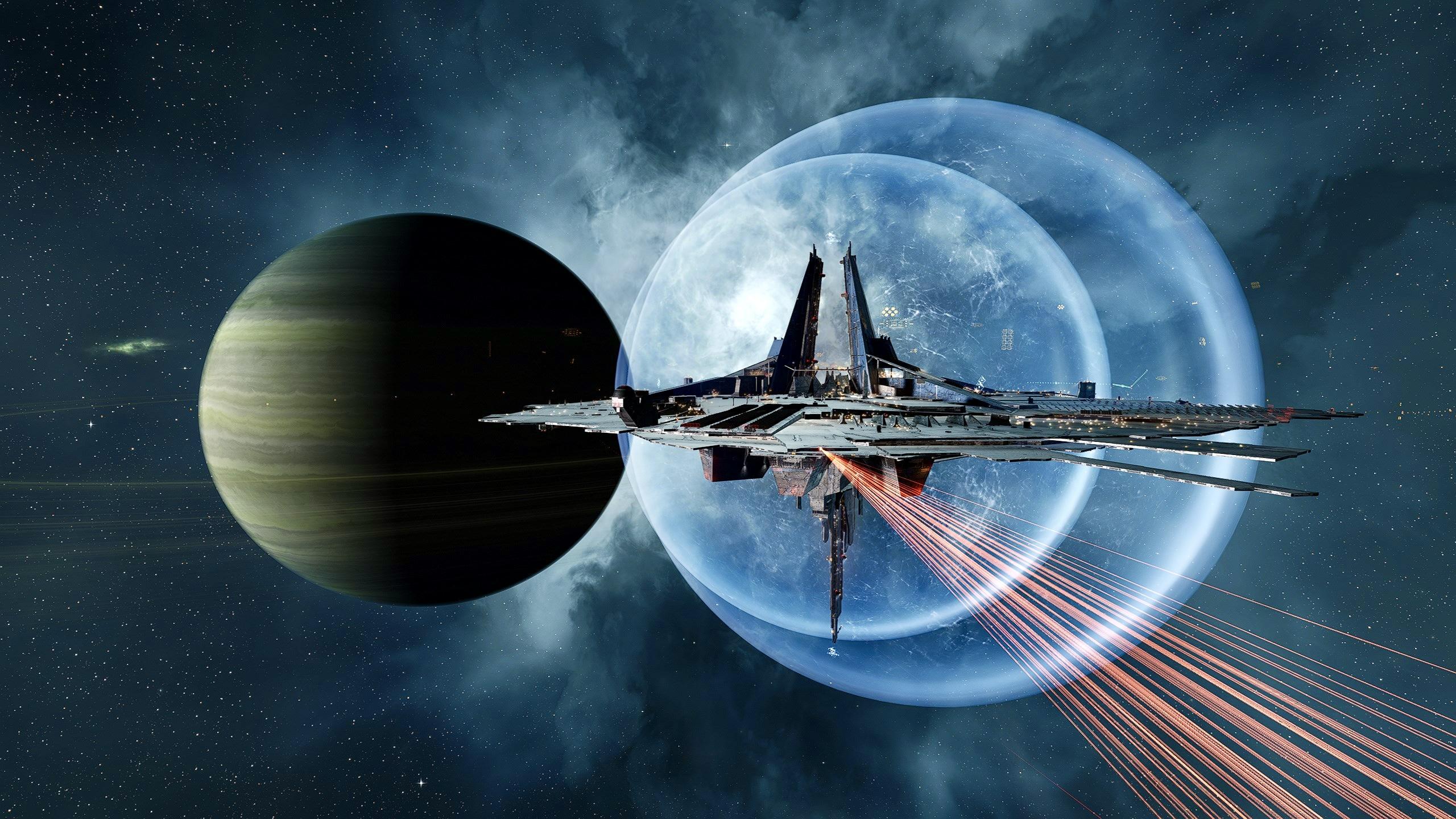 A screenshot from the MMO EVE Online shows a blueish tinted space scene. In the foreground is a gas planet and before that a space station with two overlapping bubbles, that prevent warp. The planet and the bubbles centers form a horizontal line. Some reddish beams hit the space station from the lower right. The shooting ships are not in the image detail.