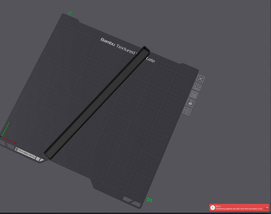 A long rectangular bin object to be 3D printed, oriented such that it's at a slight angle but remains longer than the depth of the printer plate and accompanied by an error message to this effect.