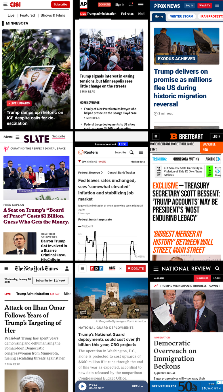 A 3x3 grid of the mobile front pages of CNN, AP News, Fox News, Slate, Reuters, Breitbart, New York Times, NPR, and National Review. The screenshots were taken on January 28th, 2026, at about 7:30 PM ET.