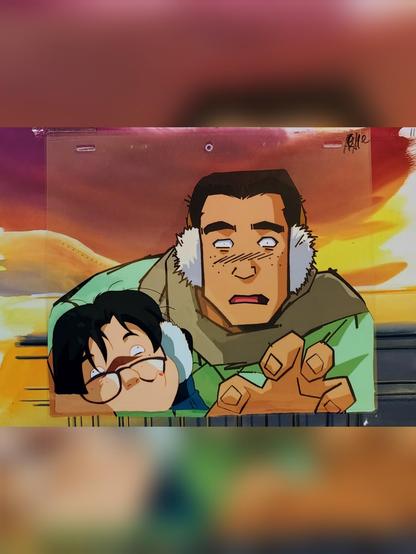 The full setup. Anime production cel and its original, matching background.