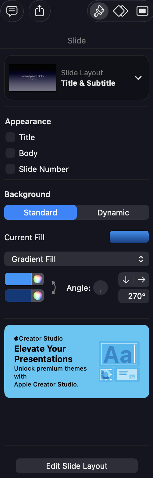 Slide format options. A blue box near the bottom says.

Elevate Your Presentations
Unlock premium themes with
Apple Creator Studio.
