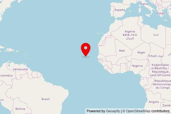 A zoomed in map showing a pin at the position of Nossa Senhora do Socorro, EM-SF-06, São Filipe, Cape Verde