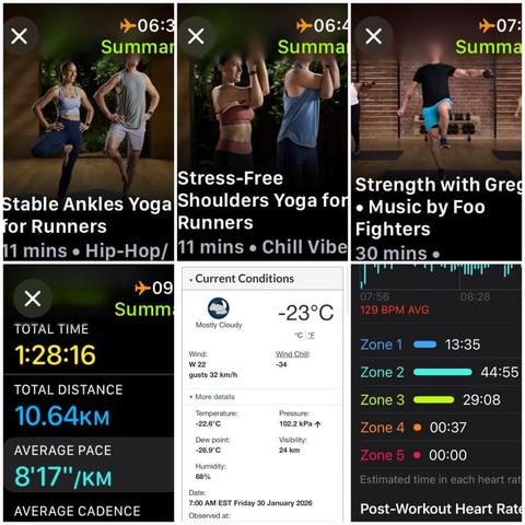 Grid of iOS screenshots:
1) Apple Fitness Stable Ankles Yoga for Runners, 11 mins.
2) Apple Fitness Stress-Free Shoulders Yoga for Runners, 11 mins.
3) Apple Fitness Strength with Gregg, music by Foo Fighters, 30 mins.
4) Apple Fitness Running Details:
Total Time: 1:28:16.
Total Distance: 10.64 KM.
Average Pace: 8'17"/KM.
5) Environment Canada site showing -23°C, -34 windchill, 68% humidity, and 22 KM/H wind, gusting to 32 KM/H.
6) Apple Fitness Heart Rate Zone report:
Zone 1: 13:35.
Zone 2: 44:55.
Zone 3: 29:08.
Zone 4: 00:37.
Zone 5: 00:00.