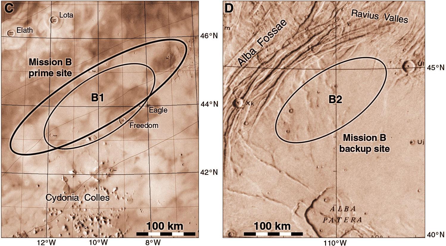 Two maps of parts of Mars which were chosen for the Viking 2 landing site during 1975. At left is site B1 in Cydonia at 44 degrees north. It seemed to consist of sedimentary plains (wind and water deposition) in a broad lowland with occasional hills and craters. B2 is on Alba Mons, a very broad low volcanic rise north of Tharsis. Lava flows have been incised by small probably water-cut channels. But images from the Viking orbiters would cast doubt on their safety.