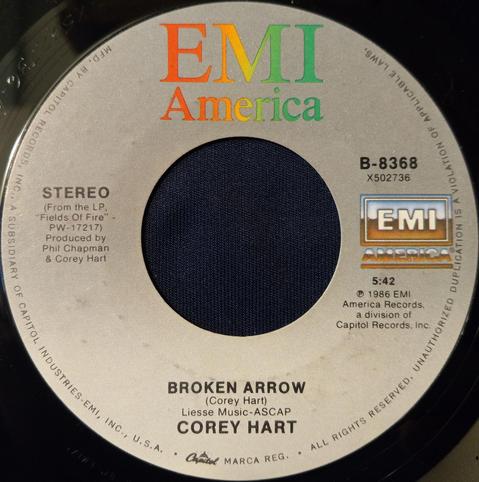 An image of the 45 RPM vinyl record, by Corey Hart of "Broken Arrow", the B-Side to the single, "Can’t Help Falling in Love" on EMI America Records released in late 1986 from the album, "Fields of Fire". 