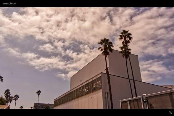 A tinted color photo of Santa Monica Civic Auditorium in Santa Monica, California.