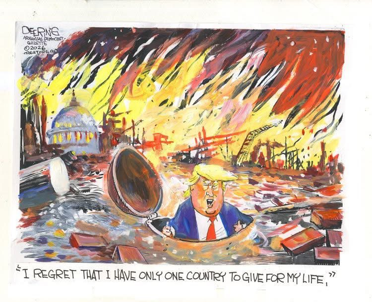 Cartoon of Donald Trump looking out of a bunker at a burning America and saying, "I regret that I have only one country to give for my life."