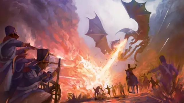 Official art from the Temeraire RPG, featuring two dragons battling in the sky while Napoleonic ground troops engage in their own combat.