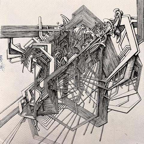 An abstract ink drawing on paper. A network of straight and angular lines weave in and out and intertwine with one another to create a larger, wood-like form. 
