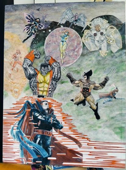 a painting of nine members of the x-men leaping down from the blackbird to attack mr. sinister, he is standing at the bottom seen from his knees up, white and red laser energy around him 