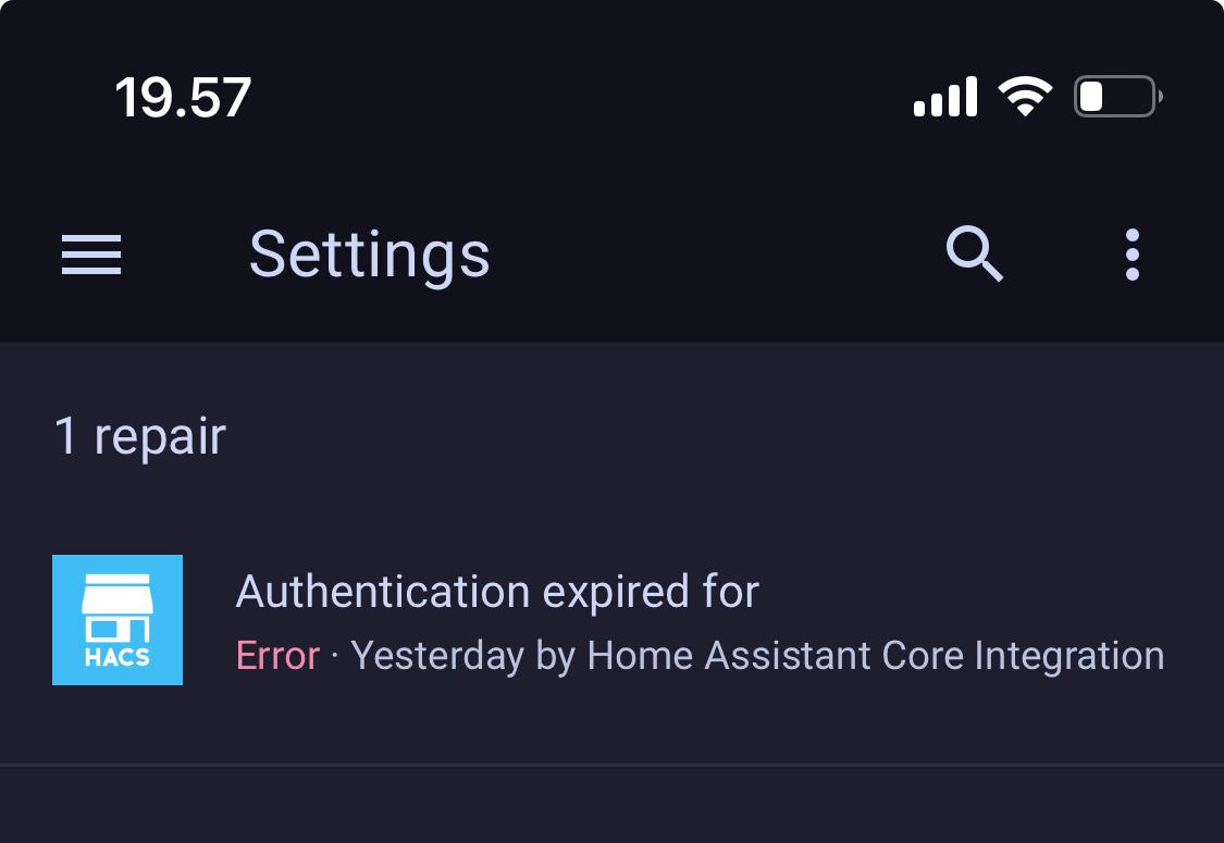 Cropped screenshot from the Home Assistant app on iOS, showing the settings screen with 1 repair waiting: “Authentication expired for HACS”.