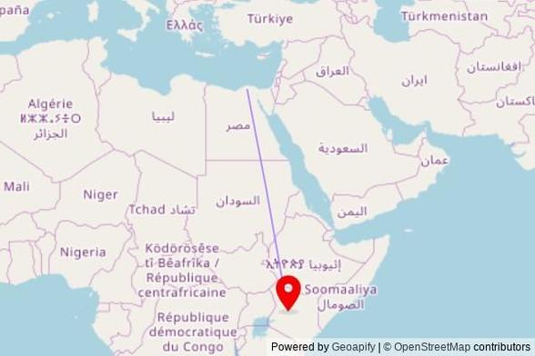 A map showing the great circle route from محلة القصب in Egypt to a map pin at Maralal ACK, Hospital Road, Maralal ward, Kenya