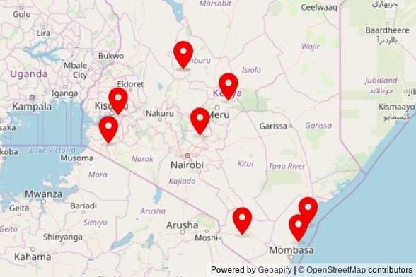 A map showing every place of worship we have visited so far in Kenya including:
Maralal ACK in Maralal ward
Muma SDA Church in Keyian ward
Anglican Church Of Kenya in Ahero ward
Maralal ACK in Maralal ward
ACK ST PETERS CHURCH MUKURIA HUNGU in Murang'a
Maua in Kaathene
ACK Saint Clement Church in Sabaki ward
Bura Catholic Church in Bura Mission
Kilifi Mosque in Tezo ward