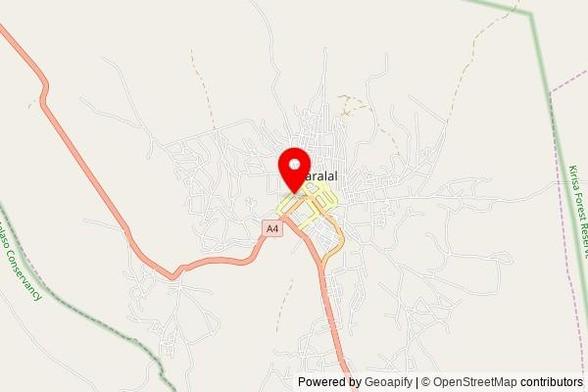 A partially zoomed out map with a pin at the position of Maralal ACK, Hospital Road, Maralal ward, Kenya