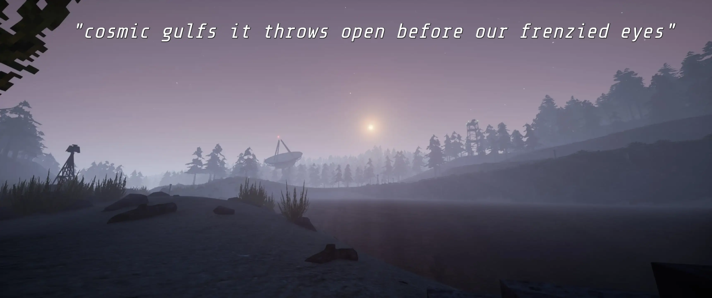 A picturesque screenshot of Voices of the Void, showing a sunrise (or possibly sunset?) over the lake with dish Tango and CR2 in the background. The text "'cosmic gulfs it throws open before our frenzied eyes'" has been added in the sky, in the VOTV menu font.