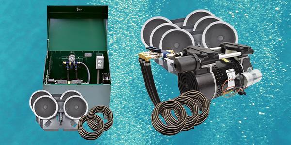 Pond aeration system with compressors, diffusers, and weighted airline tubing displayed over a water background.
