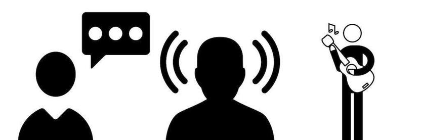 music at conference socials: graphic of a person trying to hear someone talking to them while bombarded with loud music from a guitar player