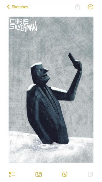 A gray, stone statue wearing a suit and tie stands waist deep in the snow under a gray sky. The statue is partly covered with snow, and has a few small cracks in it. It is taking a selfie, holding its stone phone up in front of its face and smiling. The painting is signed "Chris Silverman".