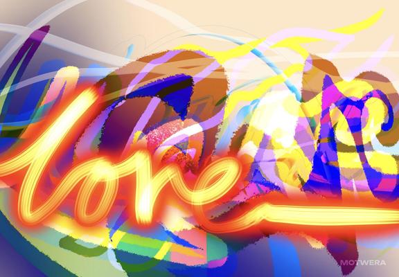 Overlapping effects, colours and strokes of inked brushes creating a messy look for the word "Love" continuously from the left to the right of the canvas.