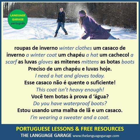Portuguese vocabulary for winter clothes, image of people having a snowball fight