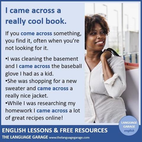 English phrasal verbs with come, examples with come across, image of a woman shopping