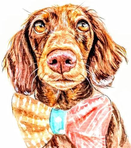 A painting of a cute doggy with a big bow on