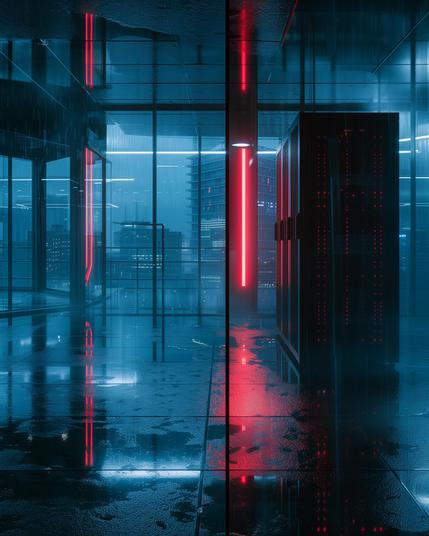 A dark, atmospheric nighttime photograph from inside a modern, glass-walled office overlooking a rainy city skyline. A tall server rack with glowing red status lights stands prominently on a wet, reflective floor, contrasted against the cool blue ambient light and the streaks of rain on the windows. The scene evokes a cyberpunk or high-tech noir mood.