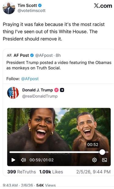 A post on twitter by Senator Tim Scott, in reply to trump’s posting of a video of the Obama as apes. It says “Praying it was fake because it's the most racist thing I've seen out of this White House. The President should remove it.”