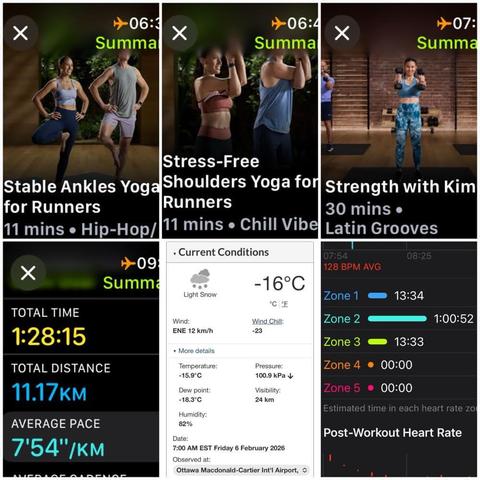 Grid of iOS screenshots:
1) Apple Fitness Stable Ankles Yoga for Runners, 11 mins.

2) Apple Fitness Stress-Free Shoulders Yoga for Runners, 11 mins.

3) Apple Fitness Strength with Kim, 30 mins.

4) Apple Fitness Running Details:
Total Time: 1:28:15.
Total Distance: 11.17 KM.
Average Pace: 7'54"/KM.

5) Environment Canada site showing -16°C, -23 windchill, 82% humidity, and 12 KM/H wind.

6) Apple Fitness Heart Rate Zone report:
Zone 1: 13:34.
Zone 2: 1:00:52.
Zone 3: 13:33. 
Zone 4: 00:00.
Zone 5: 00:00. 
