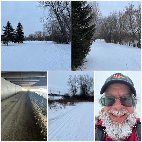 Grid of five photos: 

1) Snowy pathway through parkland with trees under a grey sky.

2) Snowy pathway through a park with a conifer on the left and bare trees on the right.

3) Path under the 417 highway with some open water on the far right.

4) Snowy path with a ski track on the left, some trees, and in the distance on the left, a Alstom Citadis Spirit on the track.

5) Selfie of a white bearded man with glasses, a black ball cap with Canadian and Ukrainian flags on it, an orange hoodie, a red outer coat, and a beard covered in ice.