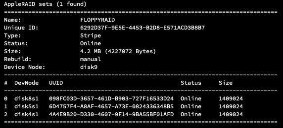 A screenshot of the terminal output from listing all software RAID volumes on macOS. 