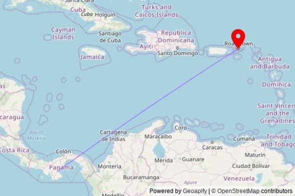 A map showing the great circle route from Monagrillo in Panama to a map pin at Zion Hill Methodist Church, Zion Hill Road, Road Town, British Virgin Islands, VG1130