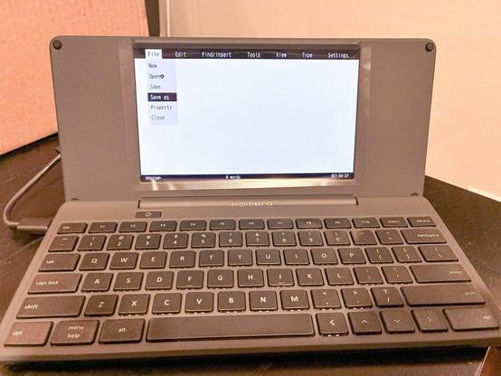 The Pomera writing device with a new document open and it’s untitled. The device shows the time, words in document and only supports keyboard by default