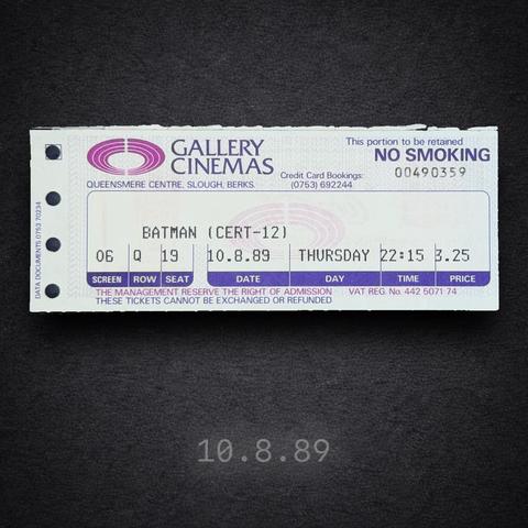 A vintage paper cinema ticket from Gallery Cinemas in the Queensmere Centre, Slough. The ticket is for Batman (1989), certificate 12, dated Thursday 10 August 1989, with a 22:15 screening time. It shows screen 6, row Q, seat 19, showing a price of £3.25. The ticket is white and purple with perforated edges and a “No Smoking” notice.