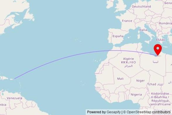 A map showing the great circle route from Road Town in the Virgin Islands, British to a map pin at مسجد, Coastal Road, Al Qadhadhimah, Libya
