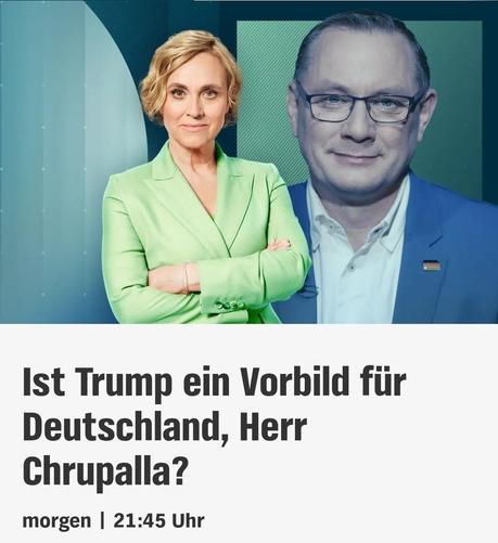 Screenshot zum Titel der Sendung "Caren Miosga" vom 8.2.2026: "Ist Trump ein Vorbild für Deutschland, Herr Chrupalla?"