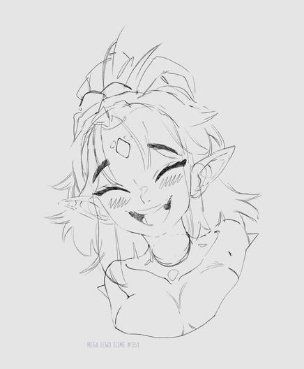 A sketch of a happy elf (bust view, showing face and part of the chest). She smiles with an open mouth, eyes closed, with cute ears. 幸せなエルフのスケッチ（バスト、顔と胸の一部）。口を開けて笑い、目を閉じ、可愛い耳付き。